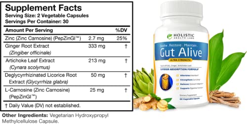 Gut Alive - All Natural Support to Fight IBS, Heartburn, Acid Indigestion, Acid Reflux, Bloating & Gas. Unique Formulation (60 Count )