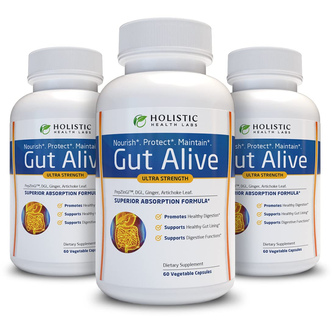 Gut Alive - All Natural Support to Fight IBS, Heartburn, Acid Indigestion, Acid Reflux, Bloating & Gas. Unique Formulation (60 Count )