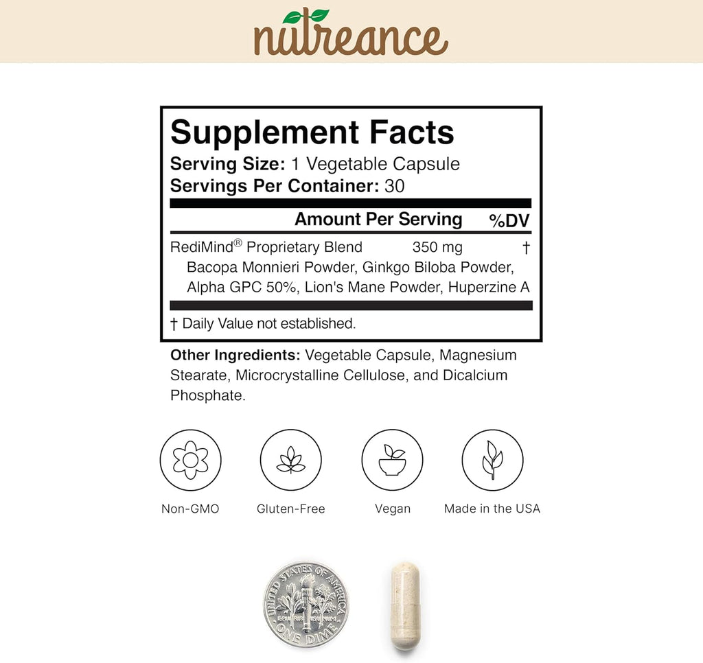 RediMind Brain Health Supplement – Natural Memory & Focus Support (30 Vegan Capsules)