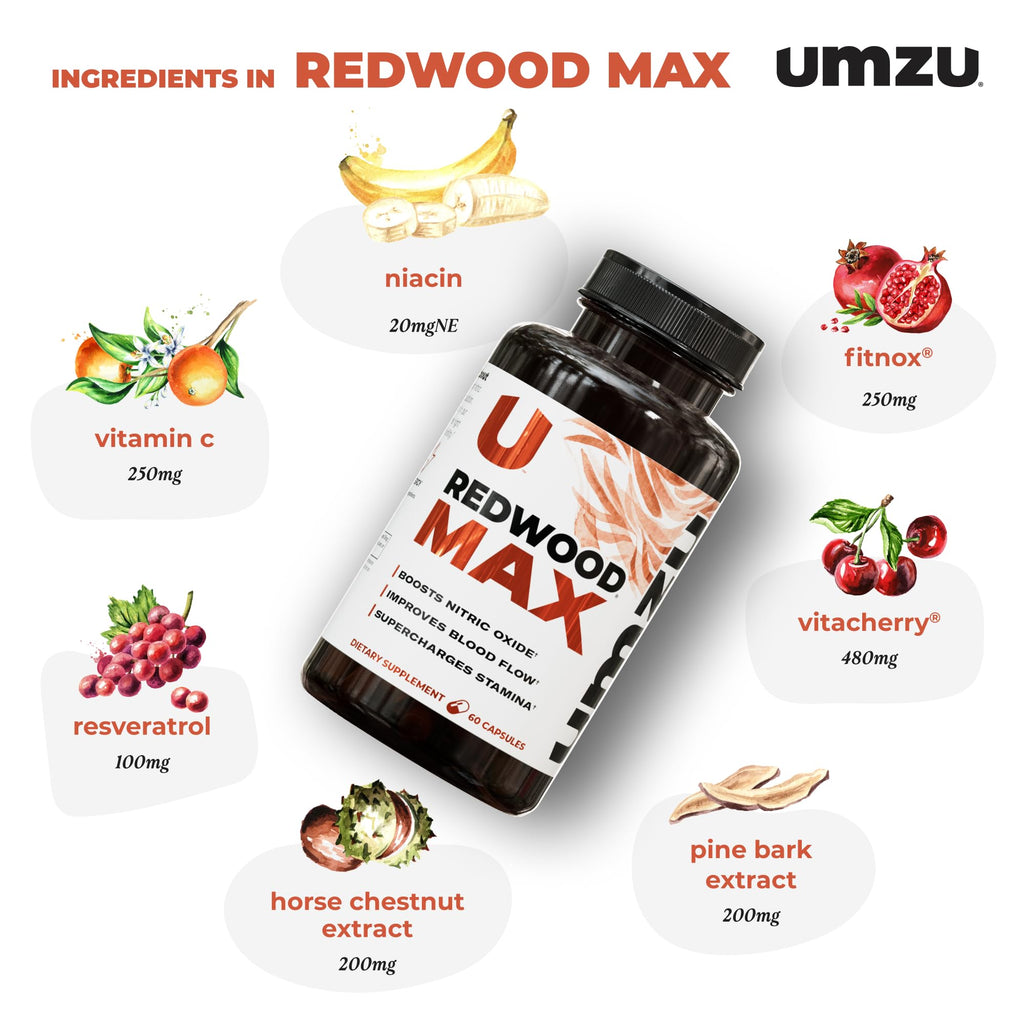 UMZU Redwood Max Nitric Oxide Booster, Blood Flow & Circulation Support for Men & Women, Energy, Stamina & Recovery – Heart & Varicose Vein Supplement – 2 Capsules Daily – 60 Count