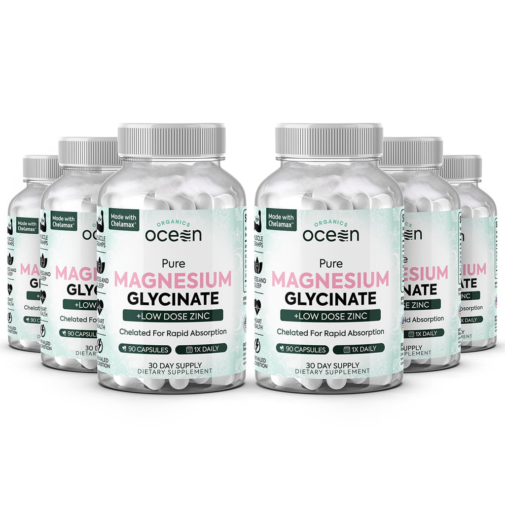 Organics Ocean Pure Magnesium Glycinate with Zinc - Maximum Strength Chelated Magnesium Supplement for Women and Men for Muscle Cramps and Sleep Support - 90 Capsule