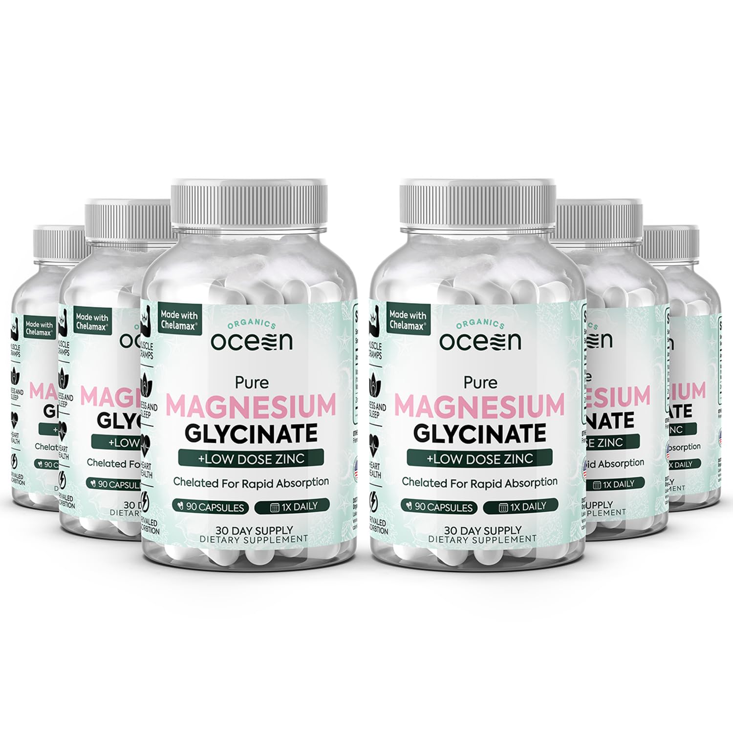 Organics Ocean Pure Magnesium Glycinate with Zinc - Maximum Strength Chelated Magnesium Supplement for Women and Men for Muscle Cramps and Sleep Support - 90 Capsule
