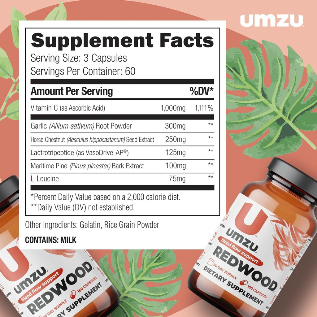 UMZU Redwood Max Nitric Oxide Booster, Blood Flow & Circulation Support for Men & Women, Energy, Stamina & Recovery – Heart & Varicose Vein Supplement – 2 Capsules Daily – 60 Count