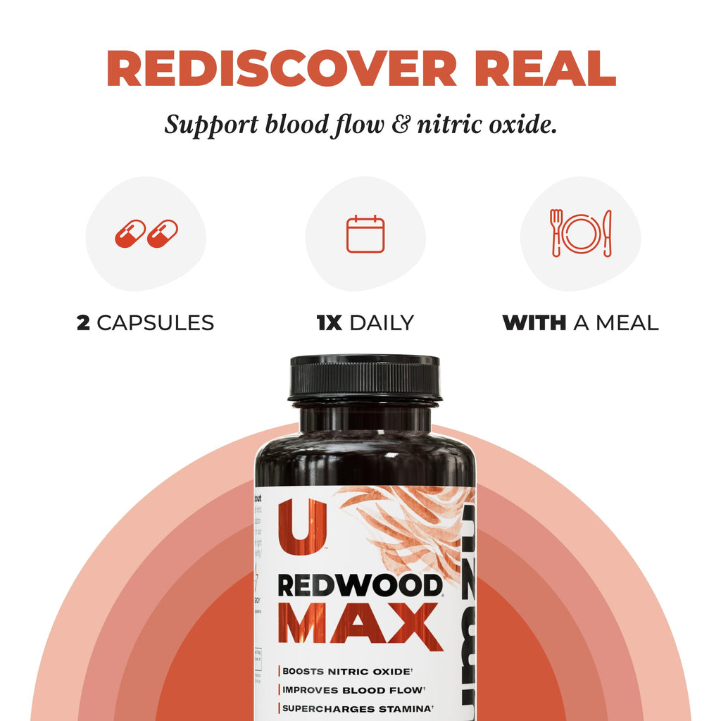 UMZU Redwood Max Nitric Oxide Booster, Blood Flow & Circulation Support for Men & Women, Energy, Stamina & Recovery – Heart & Varicose Vein Supplement – 2 Capsules Daily – 60 Count