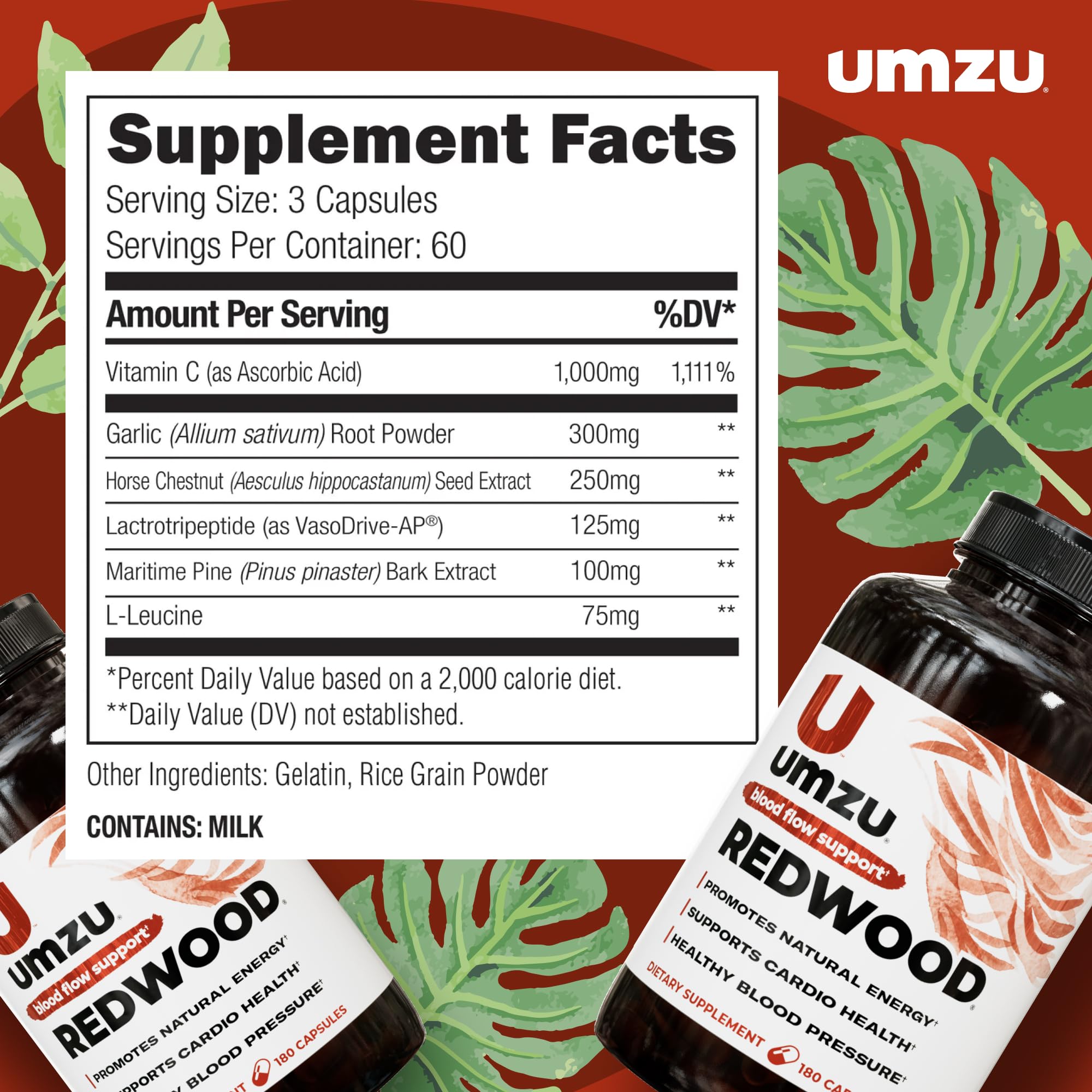 UMZU Redwood Max Nitric Oxide Booster, Blood Flow & Circulation Support for Men & Women, Energy, Stamina & Recovery – Heart & Varicose Vein Supplement – 2 Capsules Daily – 60 Count