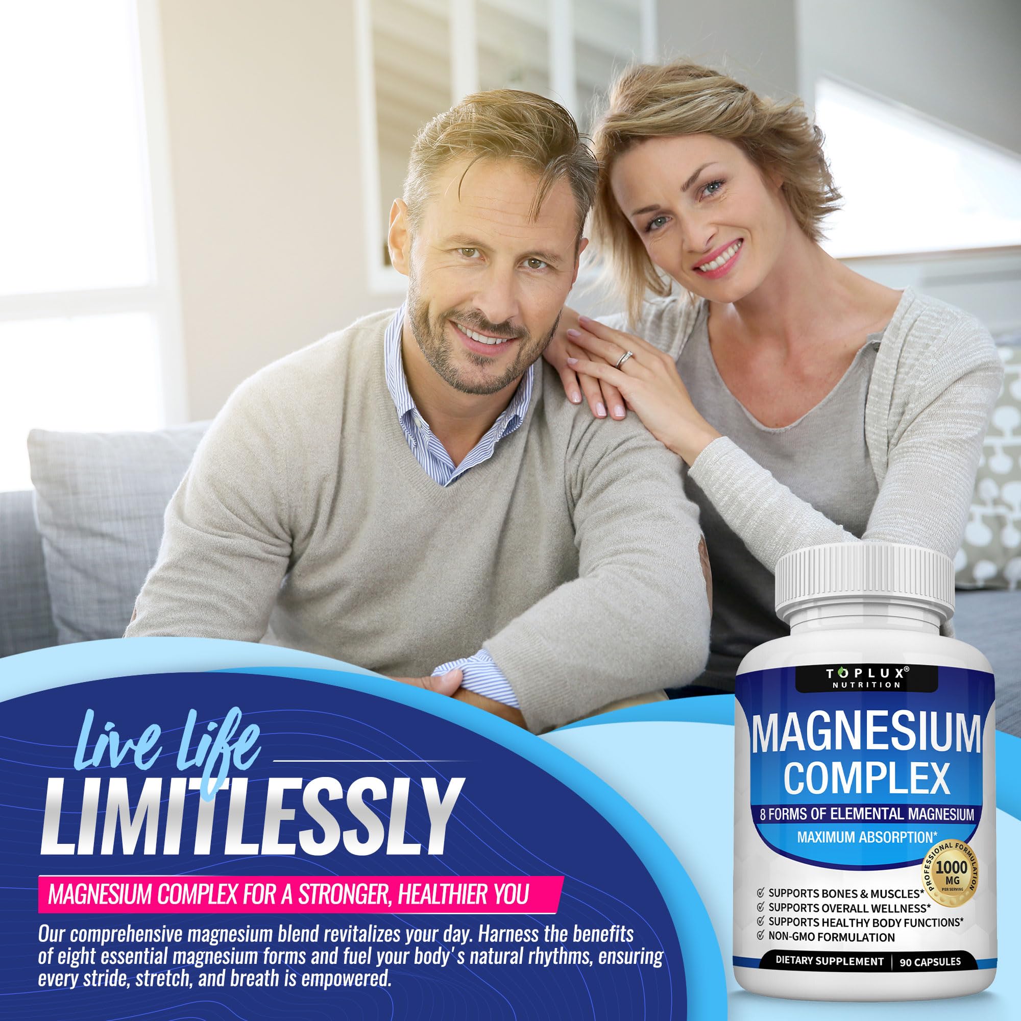 Magnesium Complex Supplement 8 Elemental 1000mg - Magnesium Glycinate, Citrate, Malate, Taurate, Chelated for Easy Absorption for Bones, Muscle, Recovery, Energy, Vegan Non-GMO 90 Capsules