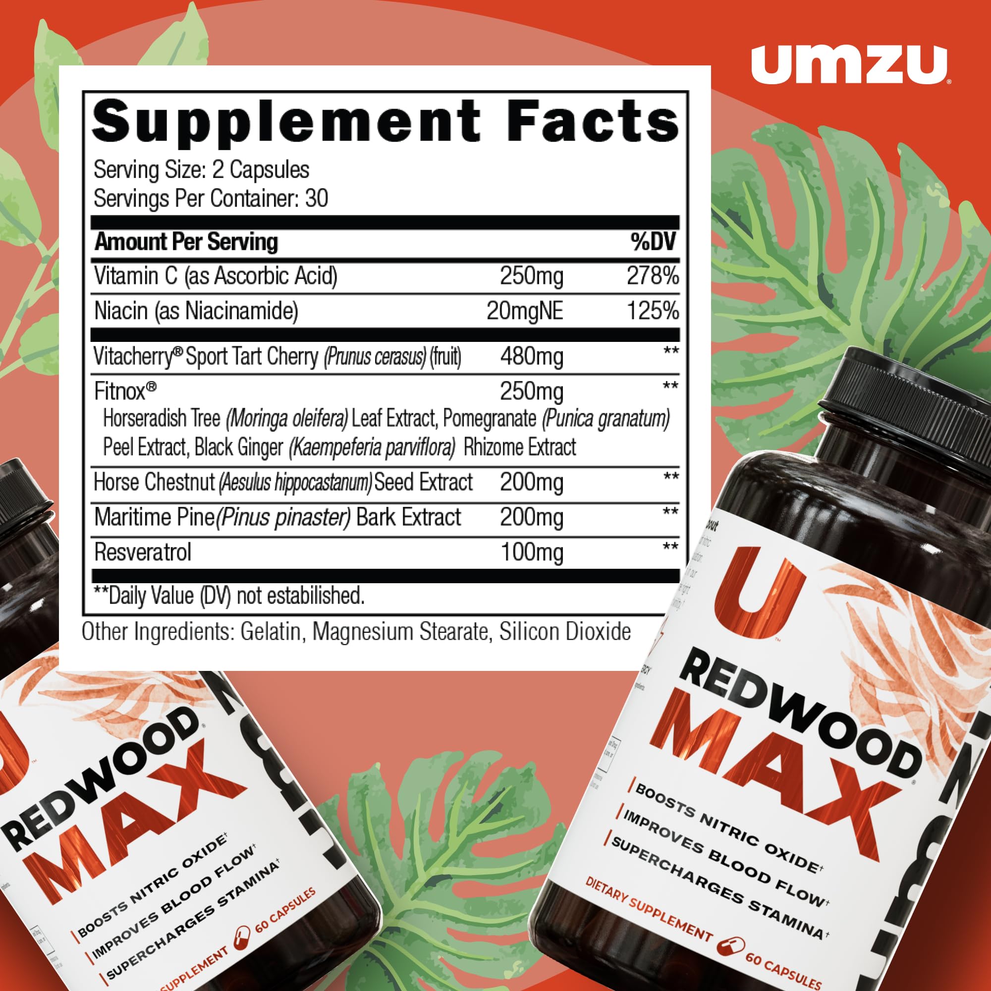 UMZU Redwood Max Nitric Oxide Booster, Blood Flow & Circulation Support for Men & Women, Energy, Stamina & Recovery – Heart & Varicose Vein Supplement – 2 Capsules Daily – 60 Count