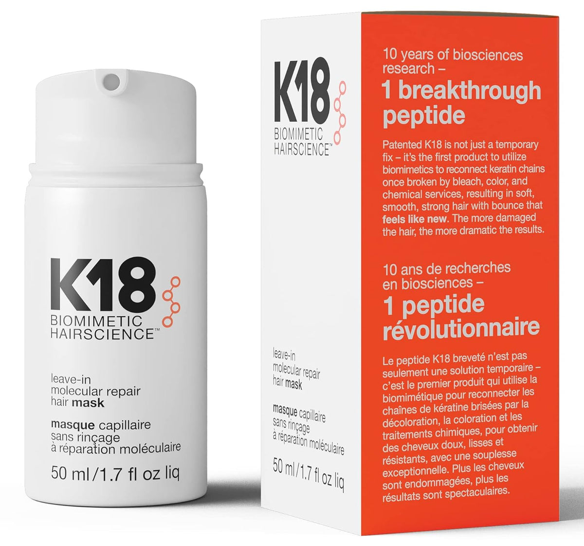 K18 hair care product bottle and packaging on a gray background