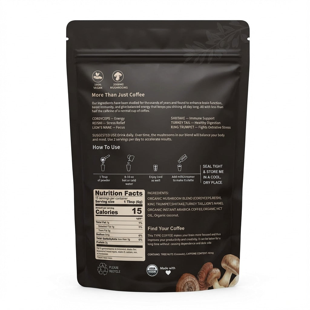 Black coffee packaging with nutritional information and usage instructions on a white background