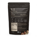 Black coffee packaging with nutritional information and usage instructions on a white background