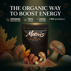 Morris Organic Mushroom Coffee package with promotional text on a dark background