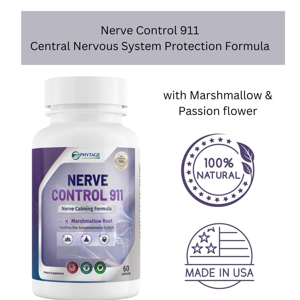 Nerve Control 911 supplement bottle with branding and product details on a white background